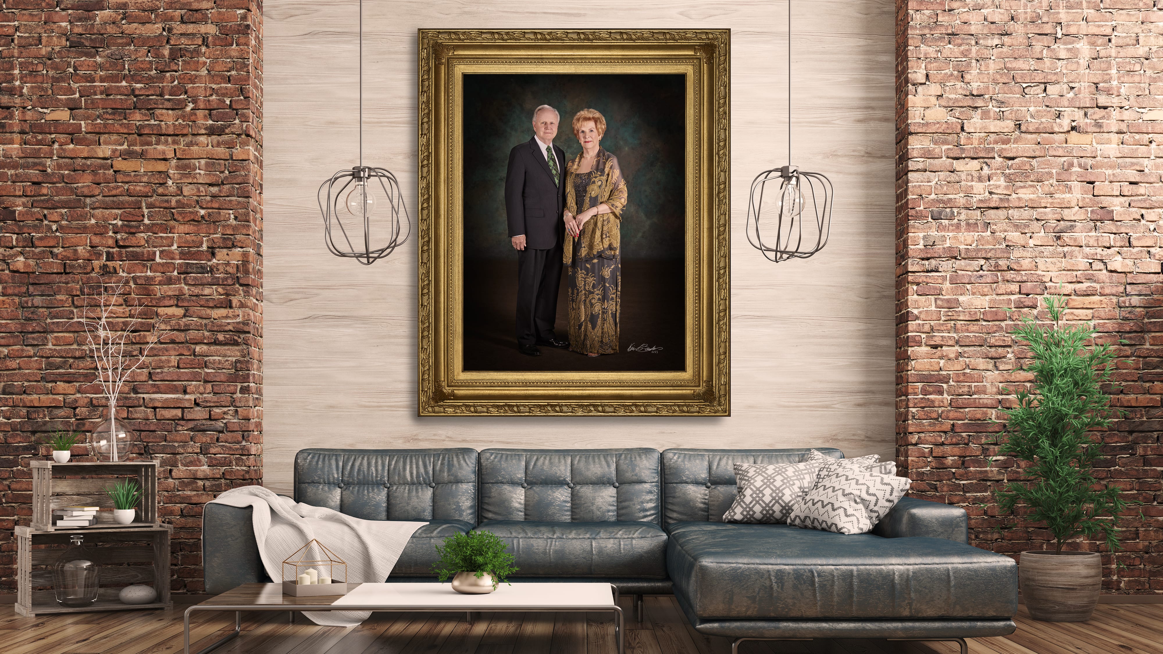KGS Studios Signature Portrait of a notable South Texas couple, displayed as fine art above a fireplace in a modern luxury living room.