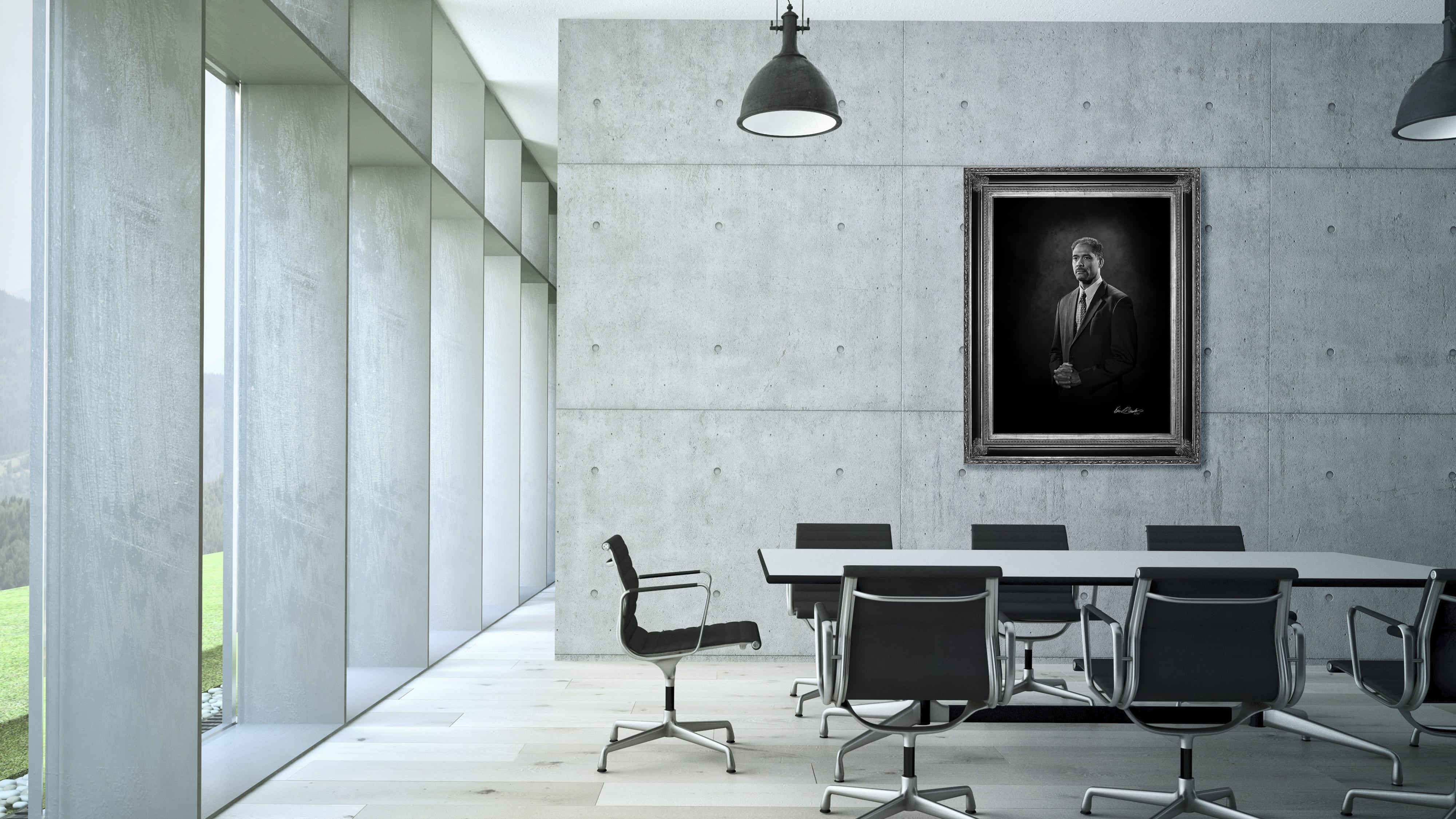 KGS Studios monochrome portrait of a dynamic corporate leader, displayed as fine art in a modern, minimalist concrete conference room.