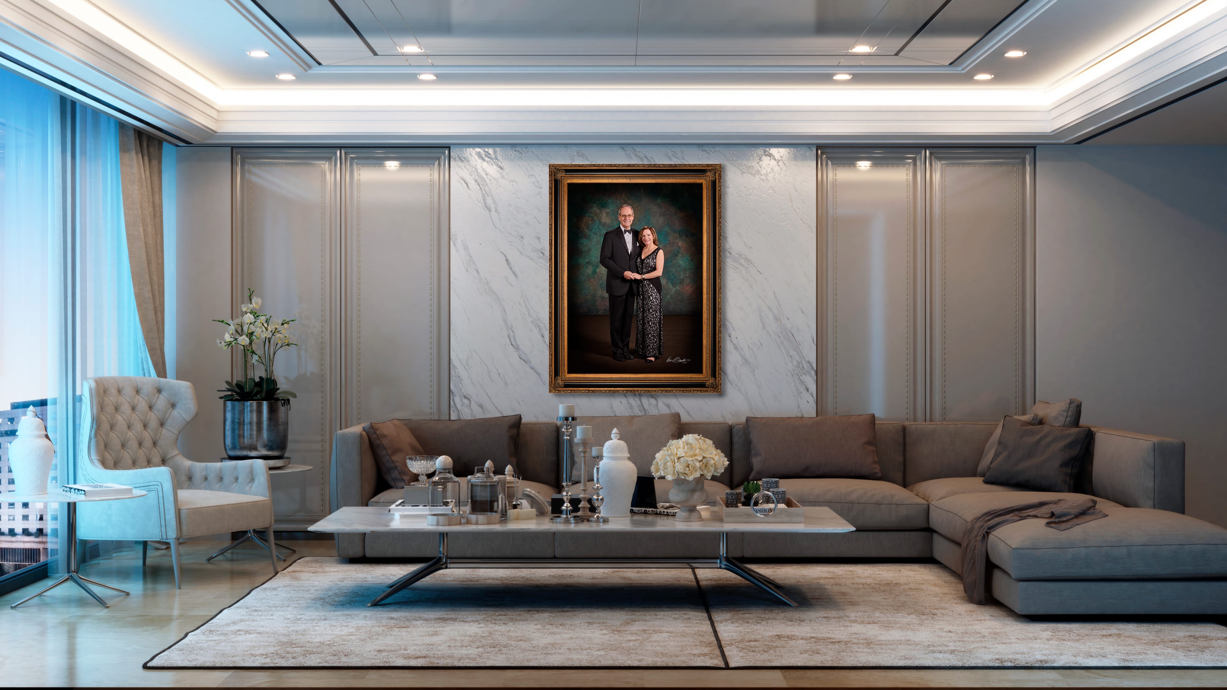 KGS Studios signature portrait of an elegant couple, displayed in a modern luxury living room with a city view.
