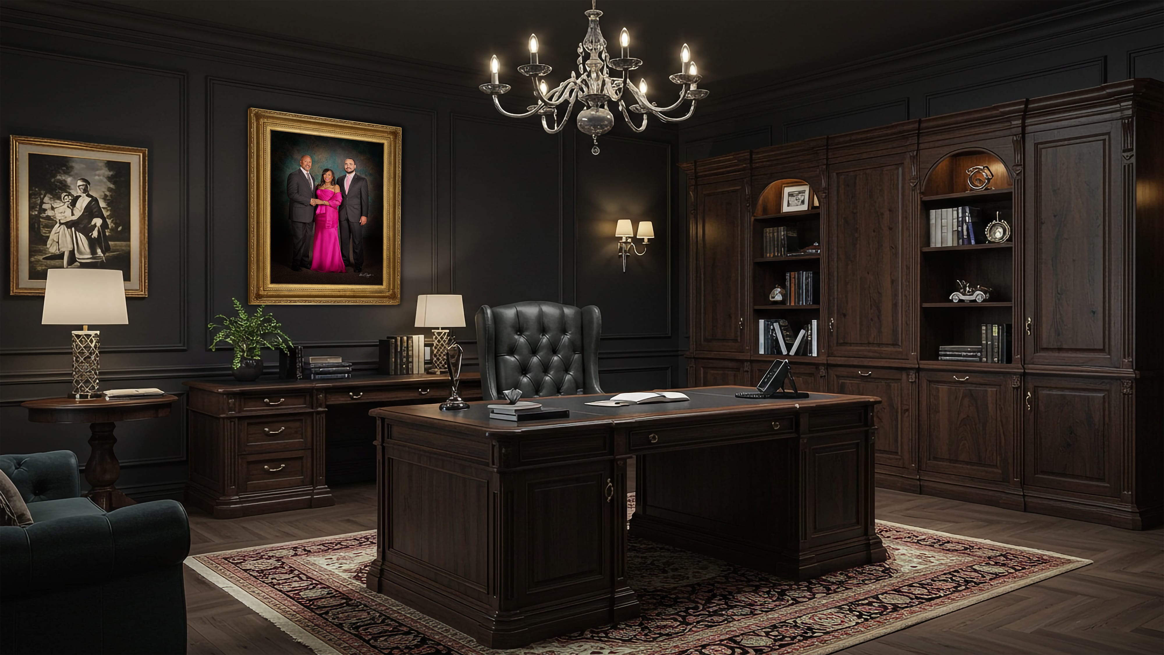 KGS Studios Family Legacy Portrait of parents with their adult son, displayed as fine art in a classic, dark-paneled office.