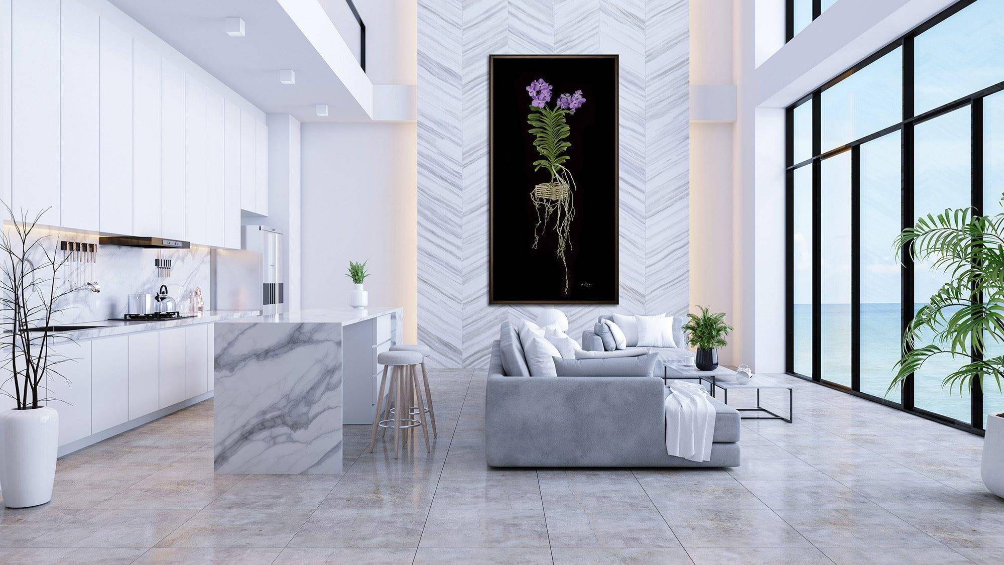 A large, vertical KGS Studios hyperrealistic orchid portrait, displayed as a centerpiece in a modern luxury home with marble features.