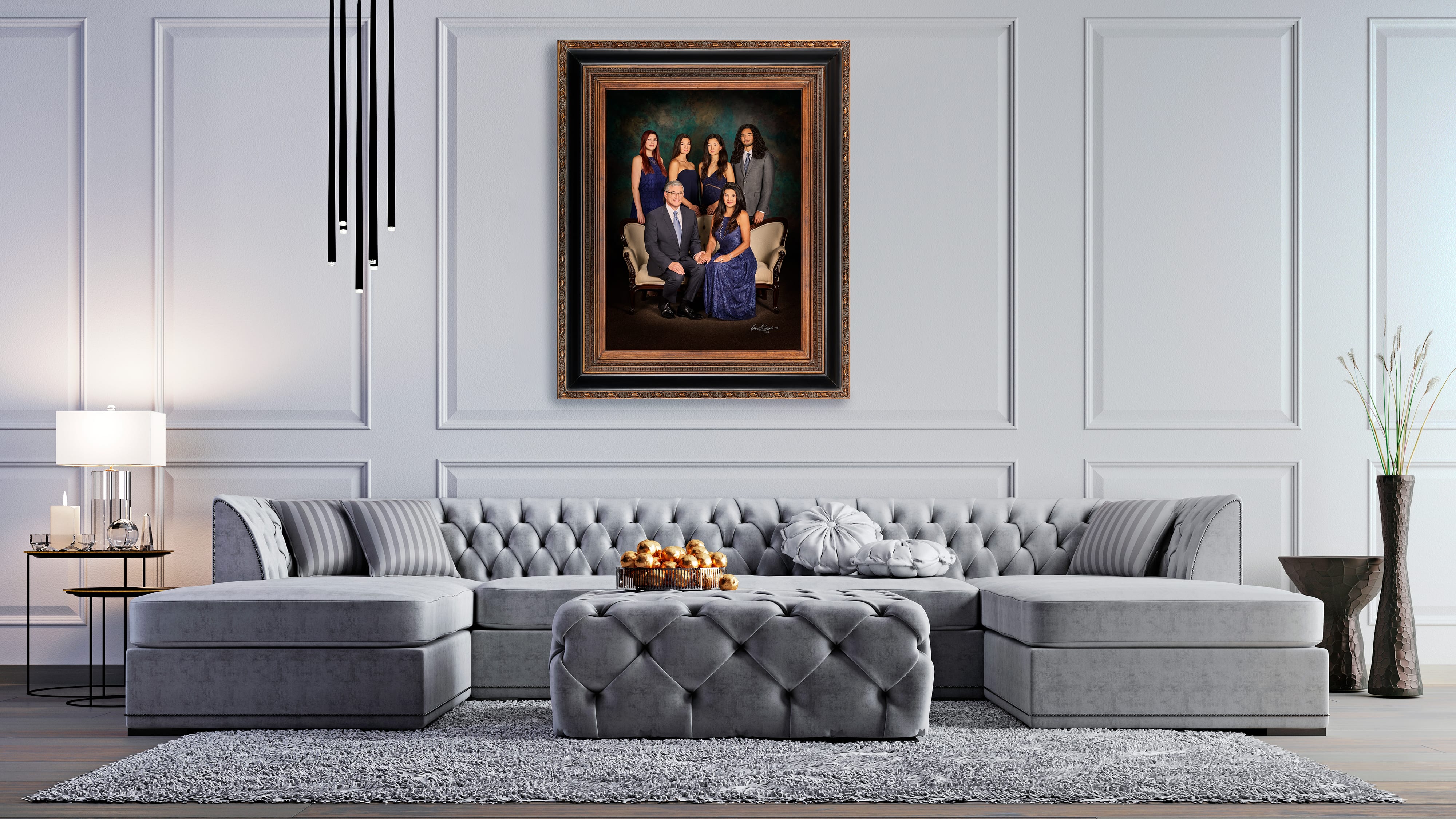 KGS Studios Family Legacy Portrait of a large, multi-generational family, expertly composed and displayed as a centerpiece in a grand room.