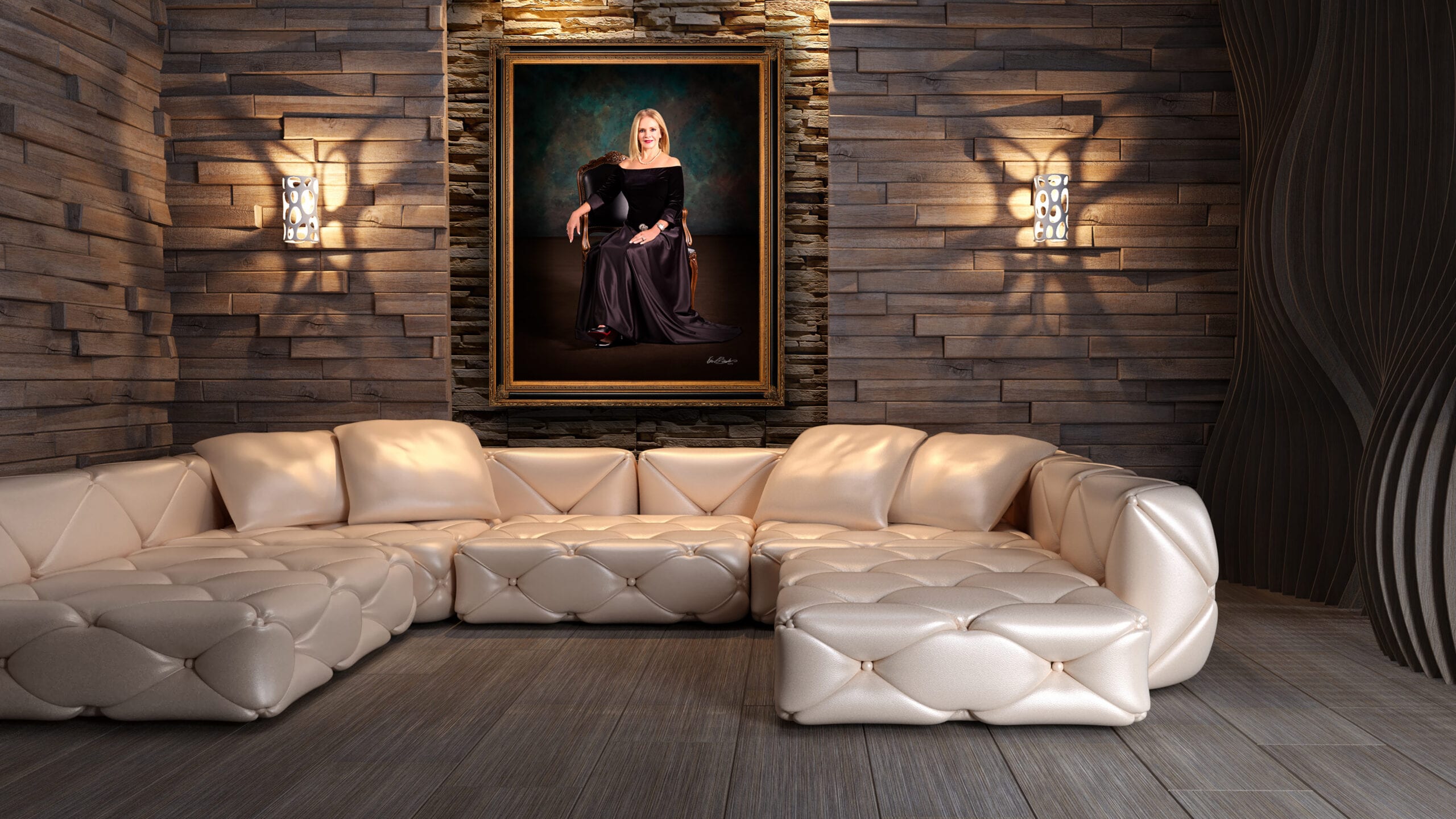 KGS Studios Red Carpet portrait of an elegant woman seated in a formal gown, hung as fine art in a modern room with textured stone walls.
