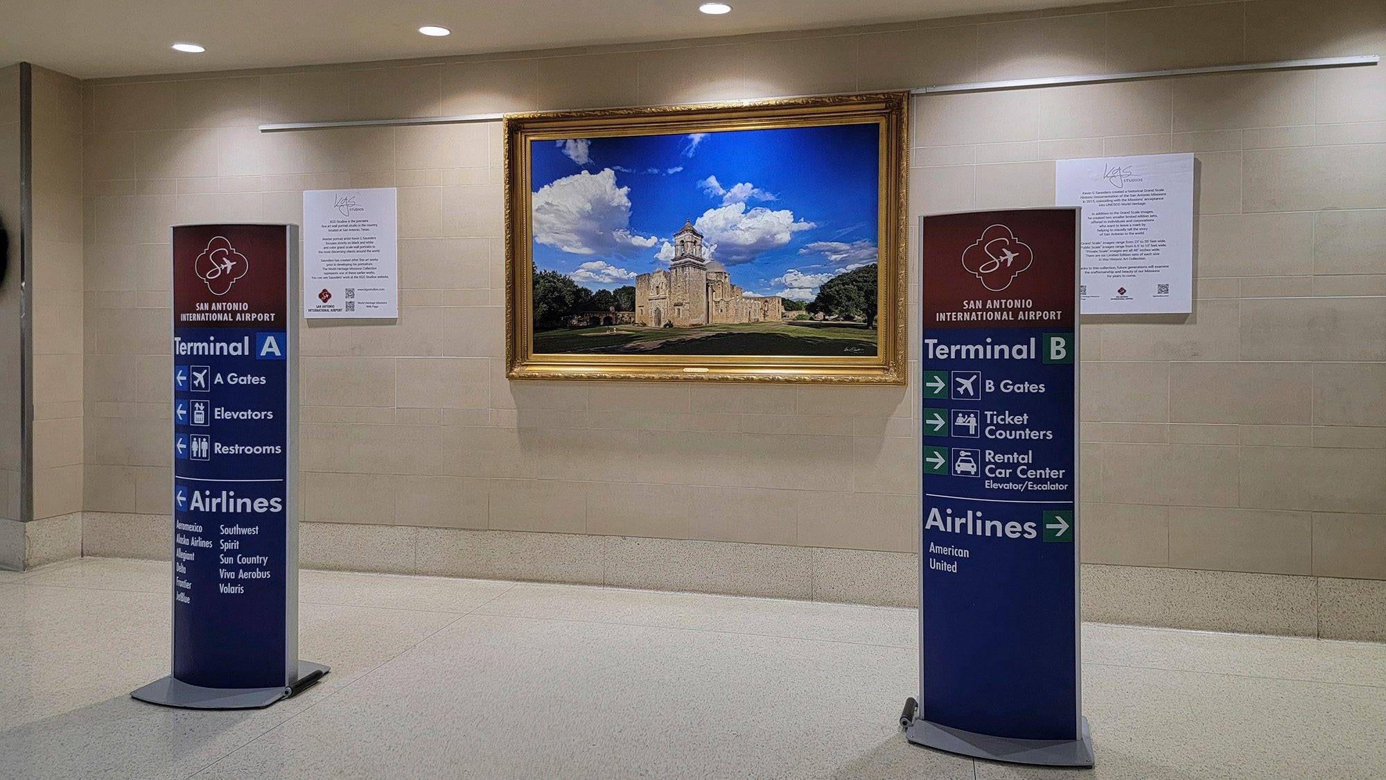 KGS Studios fine art from the Missions Collection on public display at the San Antonio International Airport.