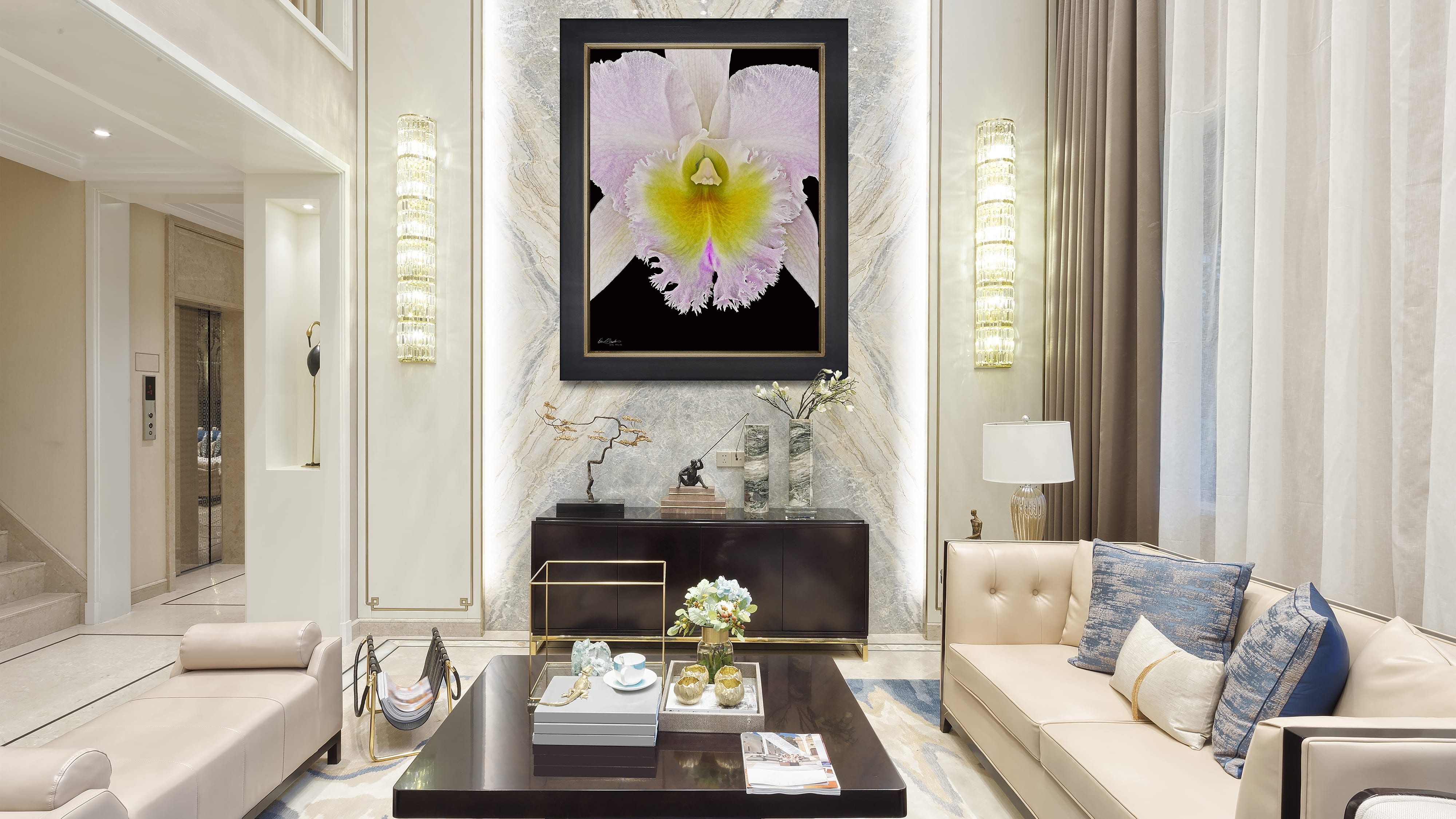 A large, museum-quality KGS Studios hyperrealistic orchid portrait displayed as a centerpiece in a luxury lobby.