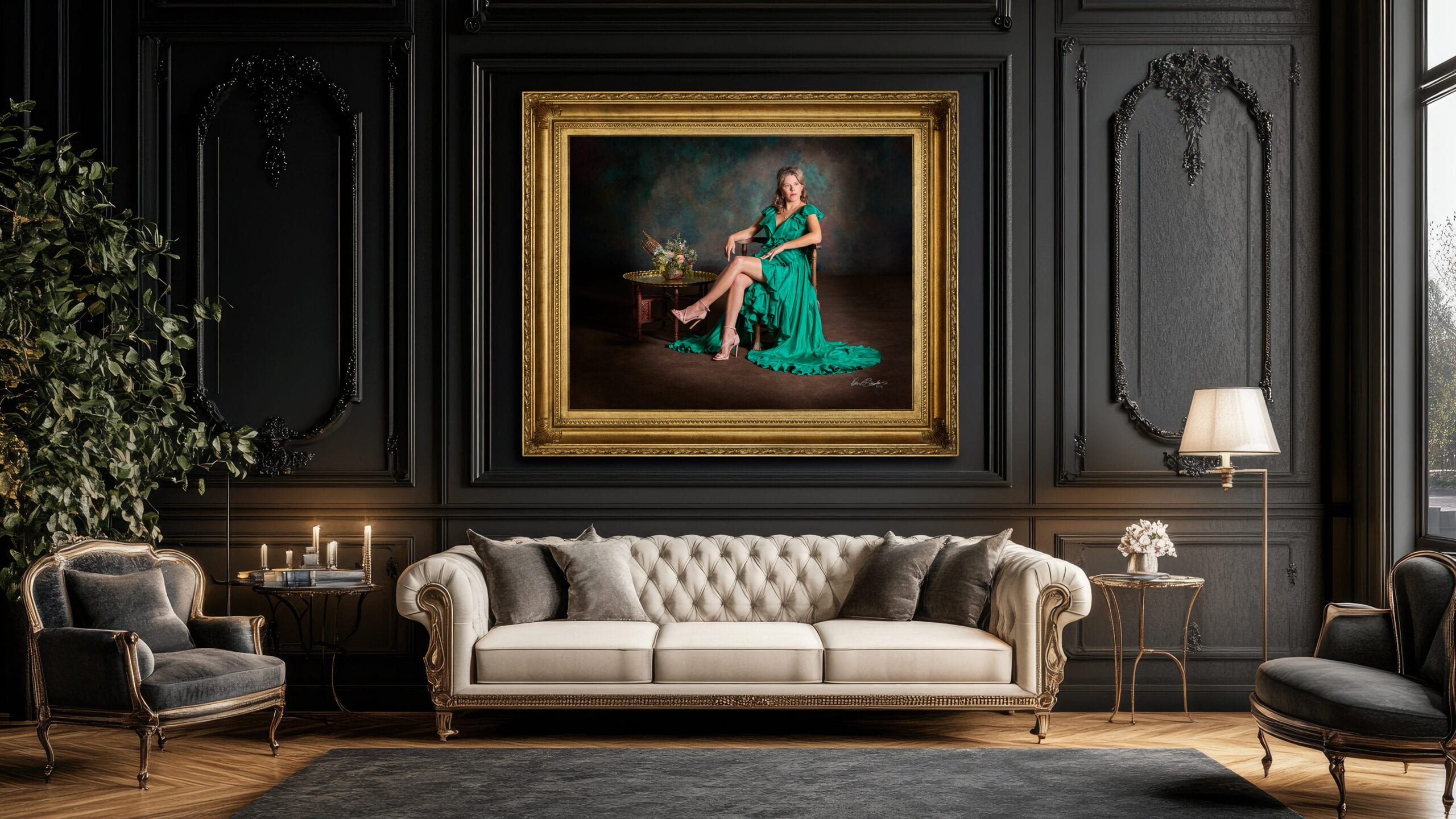 Red Carpet Portrait Commission San Antonio – Museum-grade hyperrealistic portrait of a woman in a green gown, Gilded Age inspired heirloom by Kevin G. Saunders