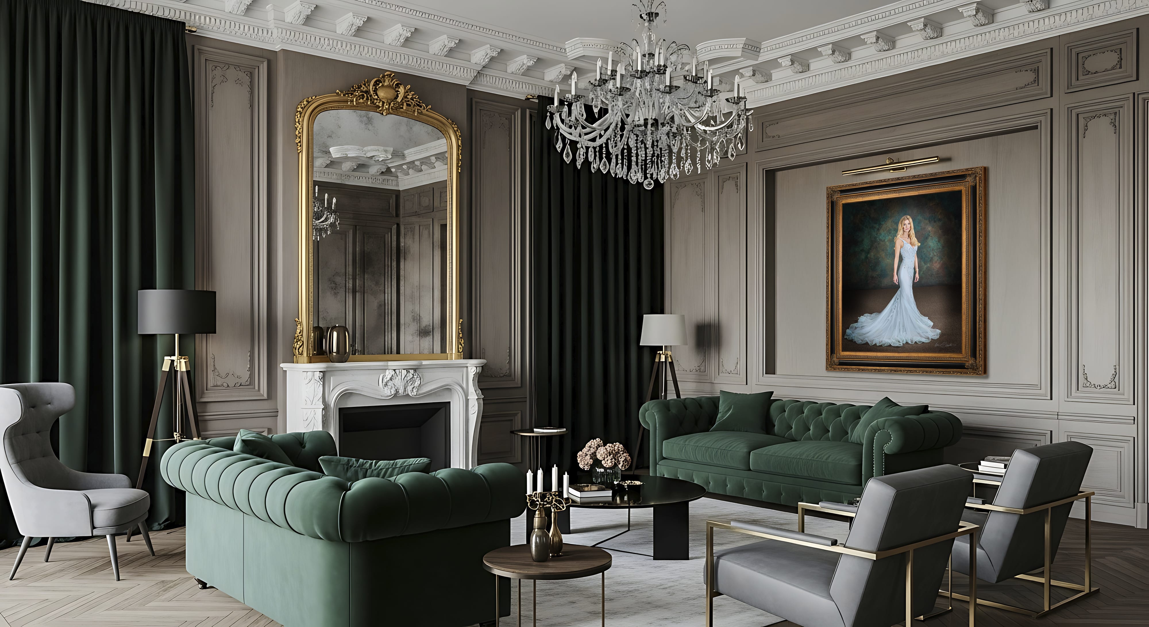 KGS Studios Red Carpet portrait of a woman in a light blue gown, featured as fine art in an elegant, modern-classical living room.