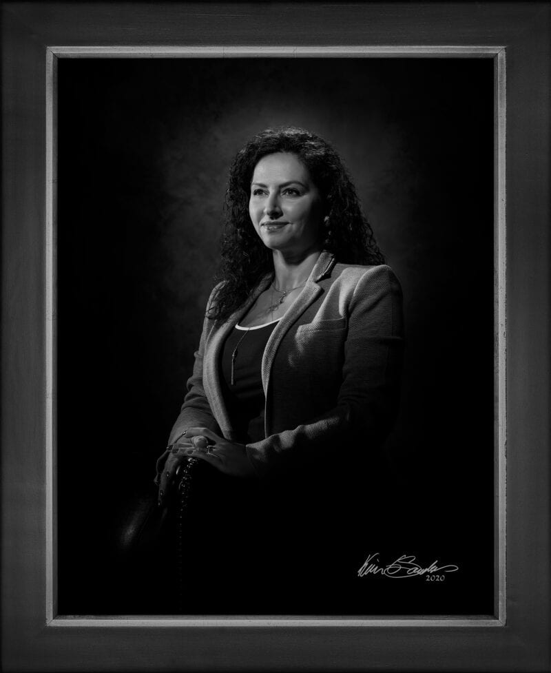 Manual hyperrealism portrait of Mona Helmy, CEO of Helmy Associates & Co., Inc., captured in-person at 107 Blue Star by Kevin G. Saunders.