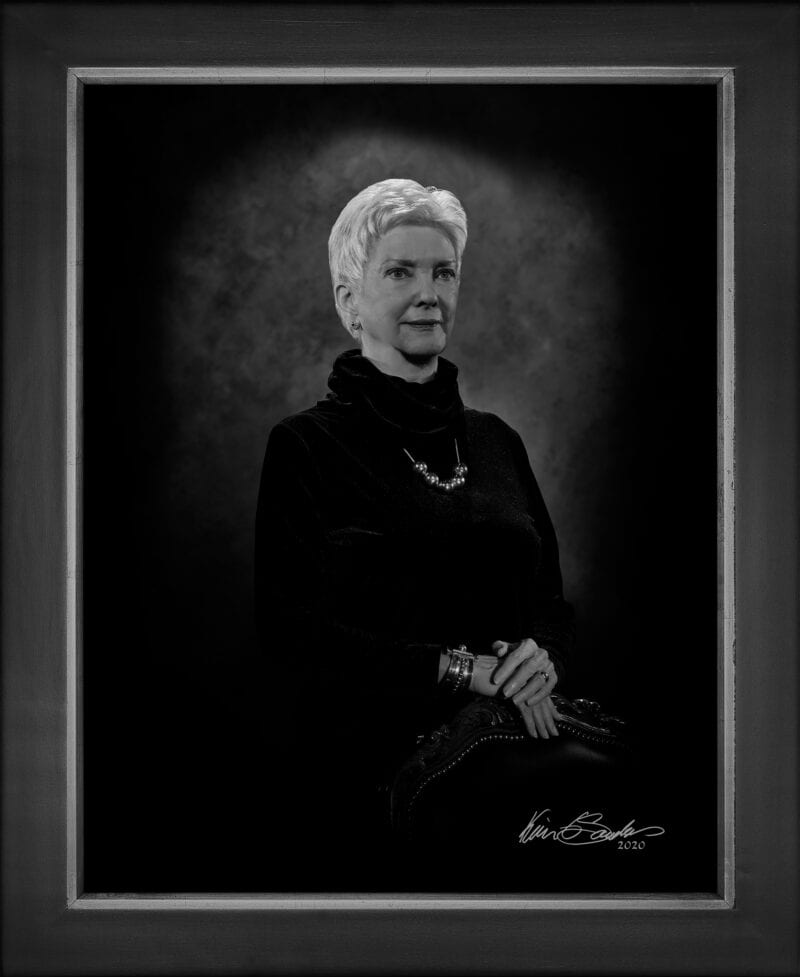 Manual hyperrealism portrait of Pat Burr, Distinguished Chair, Emerita, UIW HEB School of Business, captured in-person at 107 Blue Star by Kevin G. Saunders.