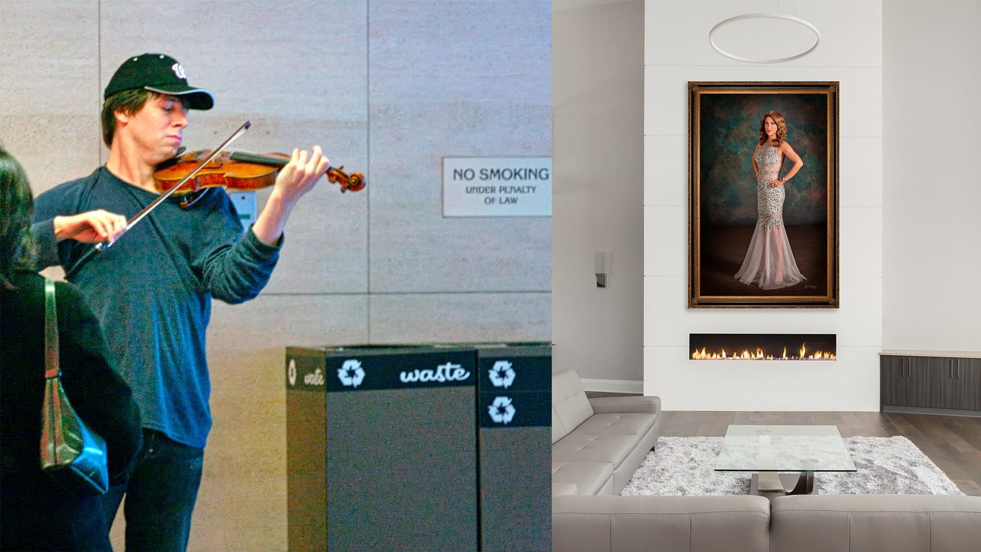 Joshua Bell unrecognized in Washington D.C. subway contrasted with grand-scale portrait by Kevin G. Saunders displayed in elegant home – context determines legacy value at KGS Studios