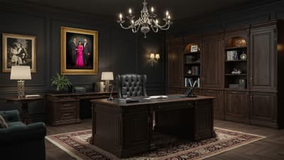 KGS Studios Family Legacy Portrait of parents with their adult son, displayed as fine art in a classic, dark-paneled office.