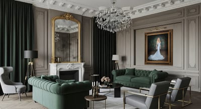 The KGS Portrait Styles: A Guide to Commissioning Your Legacy KGS Studios Red Carpet portrait of a woman in a light blue gown, featured as fine art in an elegant, modern-classical living room.