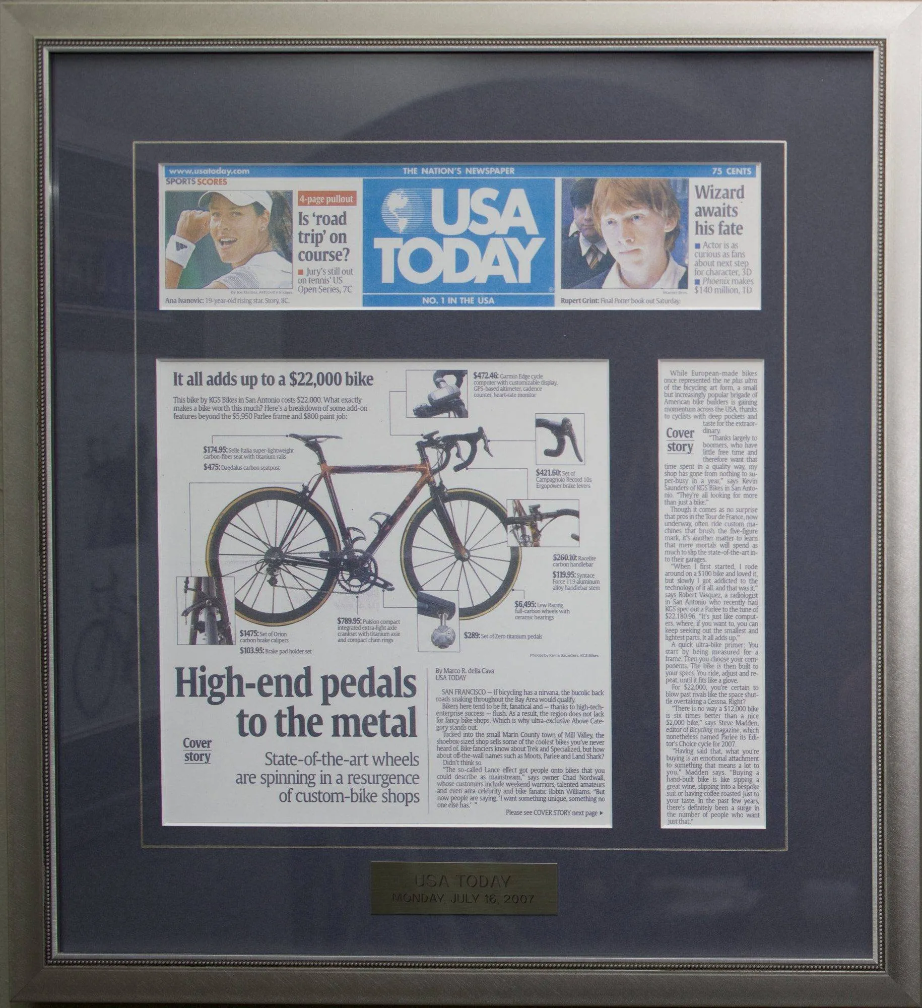 About KGS Studios A framed USA Today newspaper article from July 16, 2007, featuring a KGS custom bicycle designed by Kevin G. Saunders.