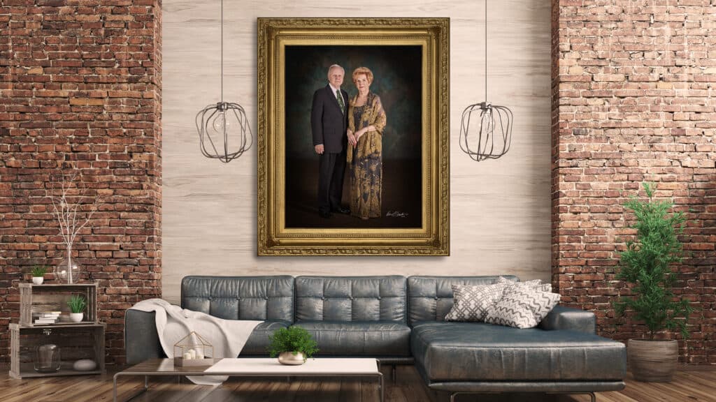 Why Are There So Few Family Portraits in the Louvre? The Power of the Singular Story. KGS Studios Signature Portrait of a notable South Texas couple, displayed as fine art above a fireplace in a modern luxury living room.