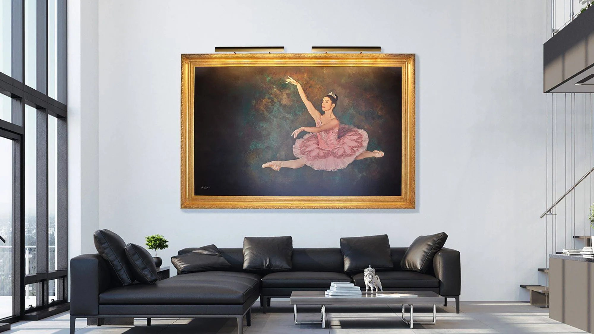 Large-scale KGS Studios portrait of a ballerina in mid-air, displayed as fine art in a minimalist, contemporary living room with high ceilings.