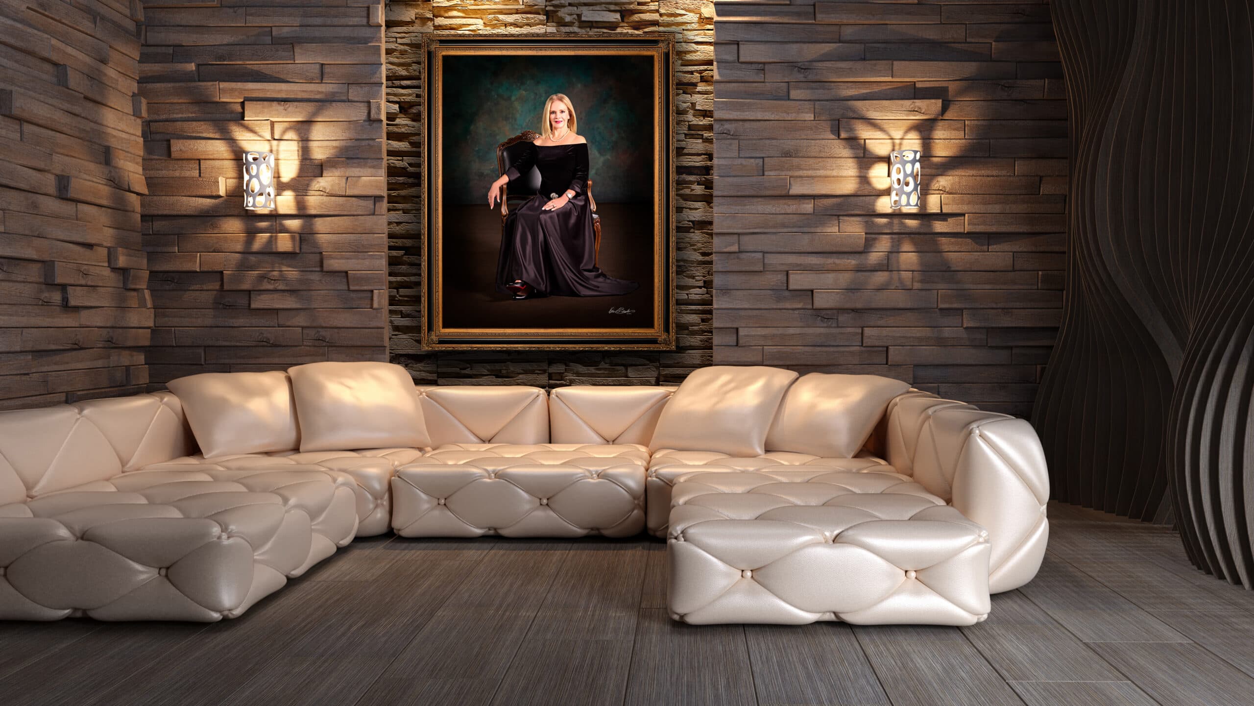 KGS Studios Red Carpet portrait of an elegant woman seated in a formal gown, hung as fine art in a modern room with textured stone walls.