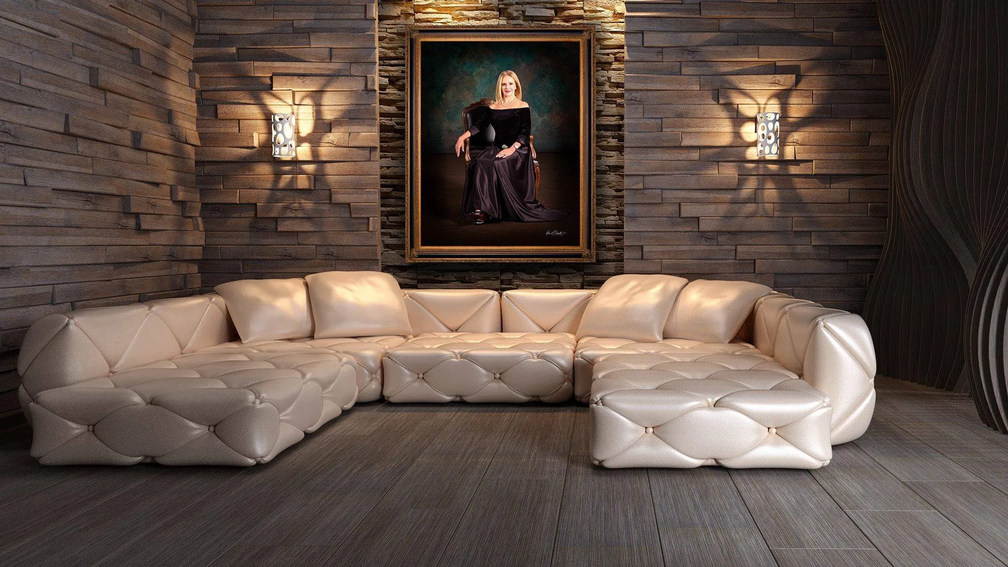 KGS Studios Red Carpet portrait of an elegant woman seated in a formal gown, hung as fine art in a modern room with textured stone walls.