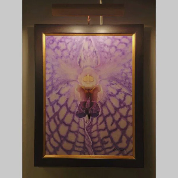 Framed Orchid Study - Documentation - 49 Photographic documentation of a physical, museum-grade orchid study and custom frame by Kevin G. Saunders. This close-up capture verifies the material texture and depth of the manual artistry produced at 107 Blue Star. Physical reality asset; not a digital mockup.