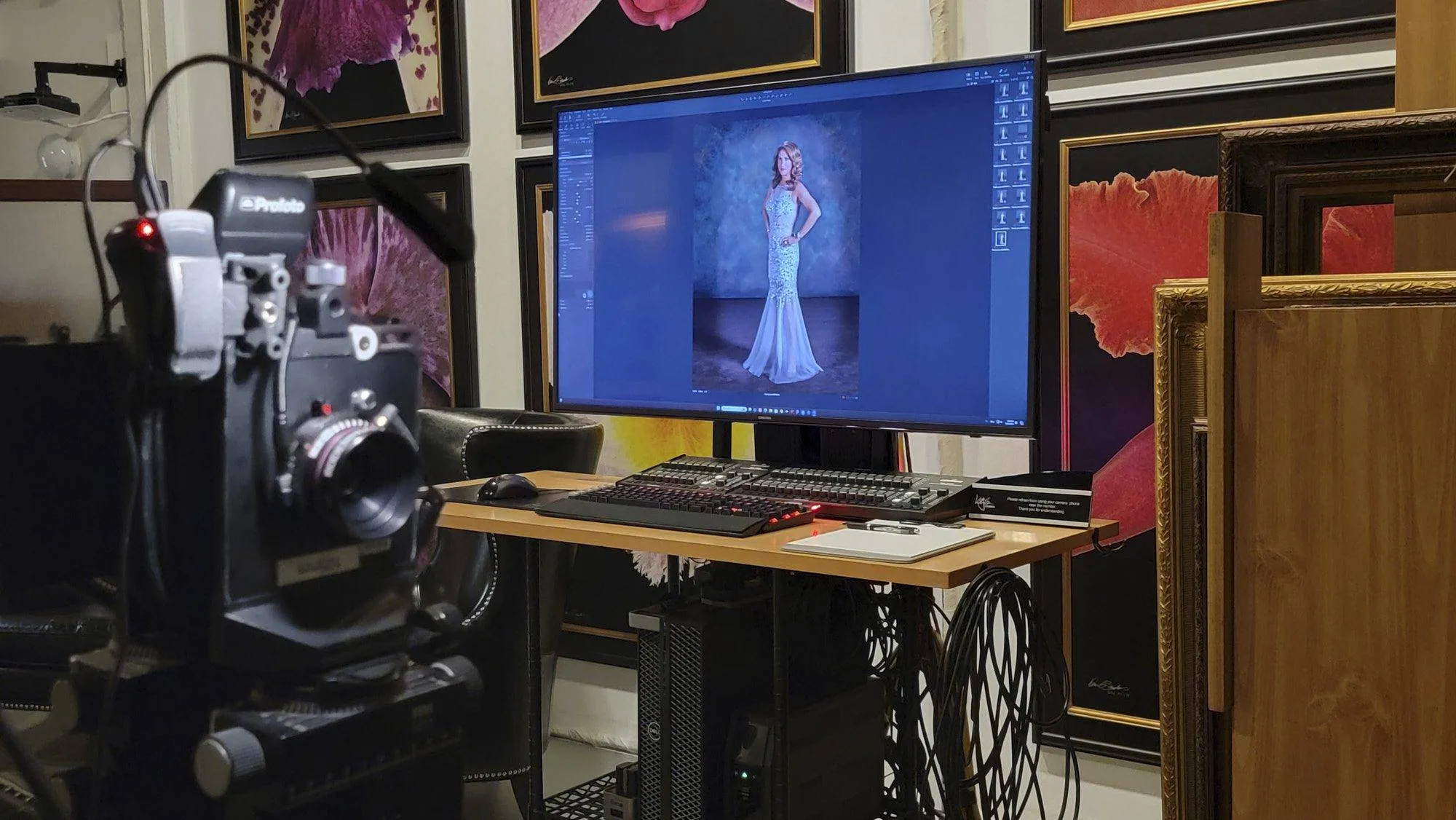 The KGS Studios workstation showing the view camera tethered to a large monitor displaying the portrait of Sarah Calhoon (Madame Tex).