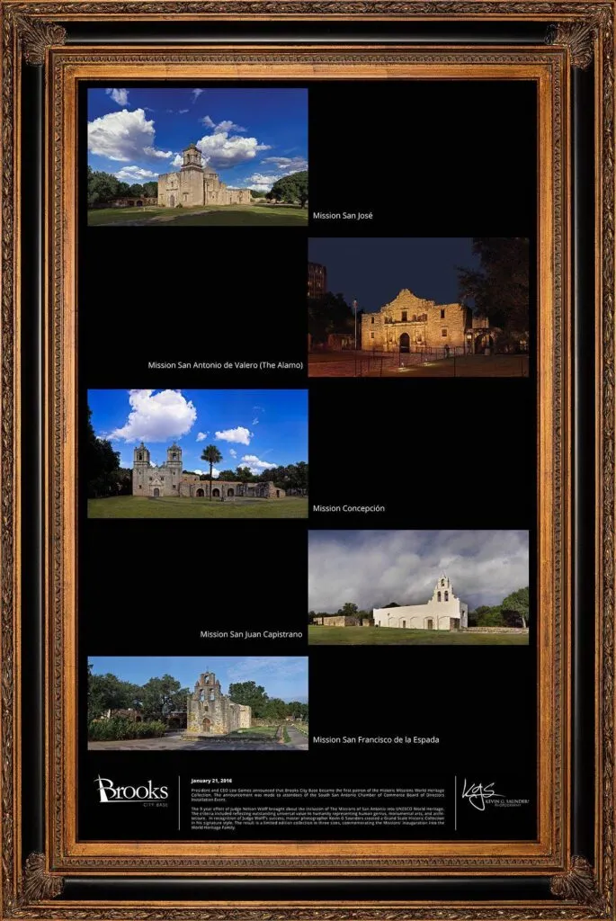The Turning Point: An Archive of the World Heritage Missions Framed 40x66 commemorative art piece for the KGS Studios San Antonio Missions World Heritage Collection, showing all five mission images.