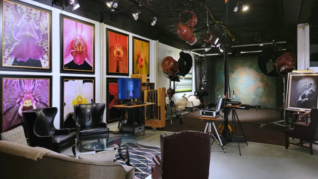 The 'Add an Egg' Principle: Co-Creating a Timeless Portrait The fine art atelier of KGS Studios, showing the professional view camera, large review monitor, and gallery of orchid art, ready for a co-creation process.