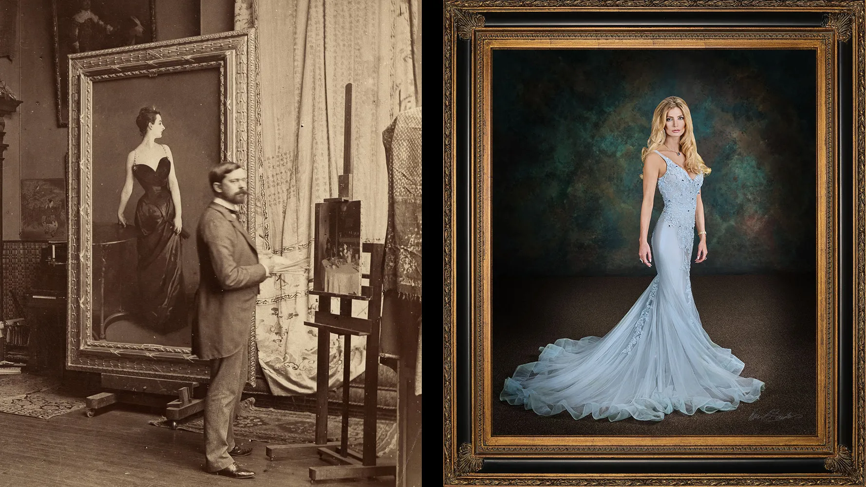 Side-by-side comparison of a John Singer Sargent painting and a fine art portrait in the same style by Kevin G. Saunders of KGS Studios.