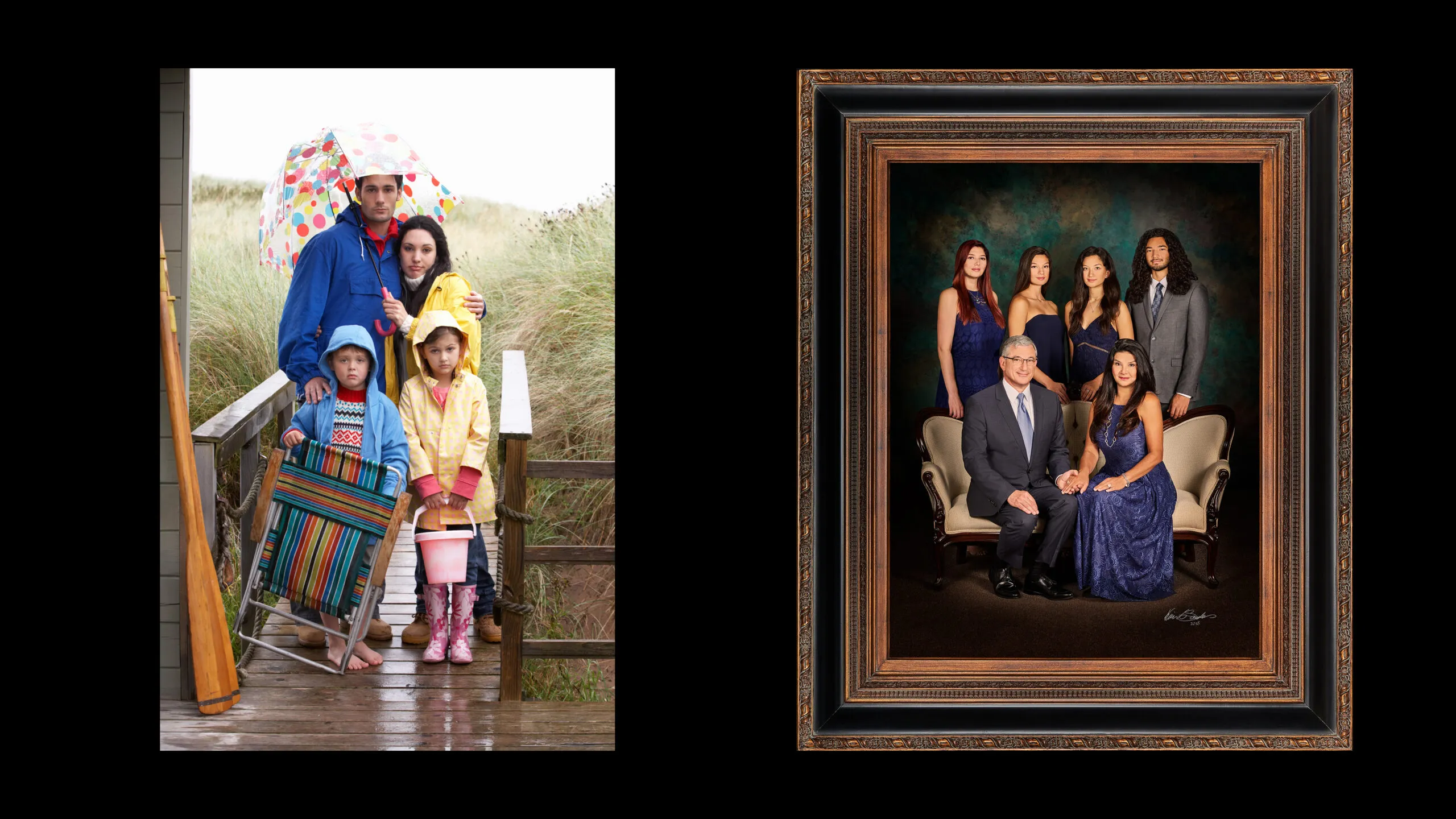 A side-by-side comparison showing the difference between a generic family photograph and a KGS Studios masterpiece portrait. The left shows a casual photo; the right shows the masterfully lit and composed Azar Family portrait, demonstrating profound depth and character.