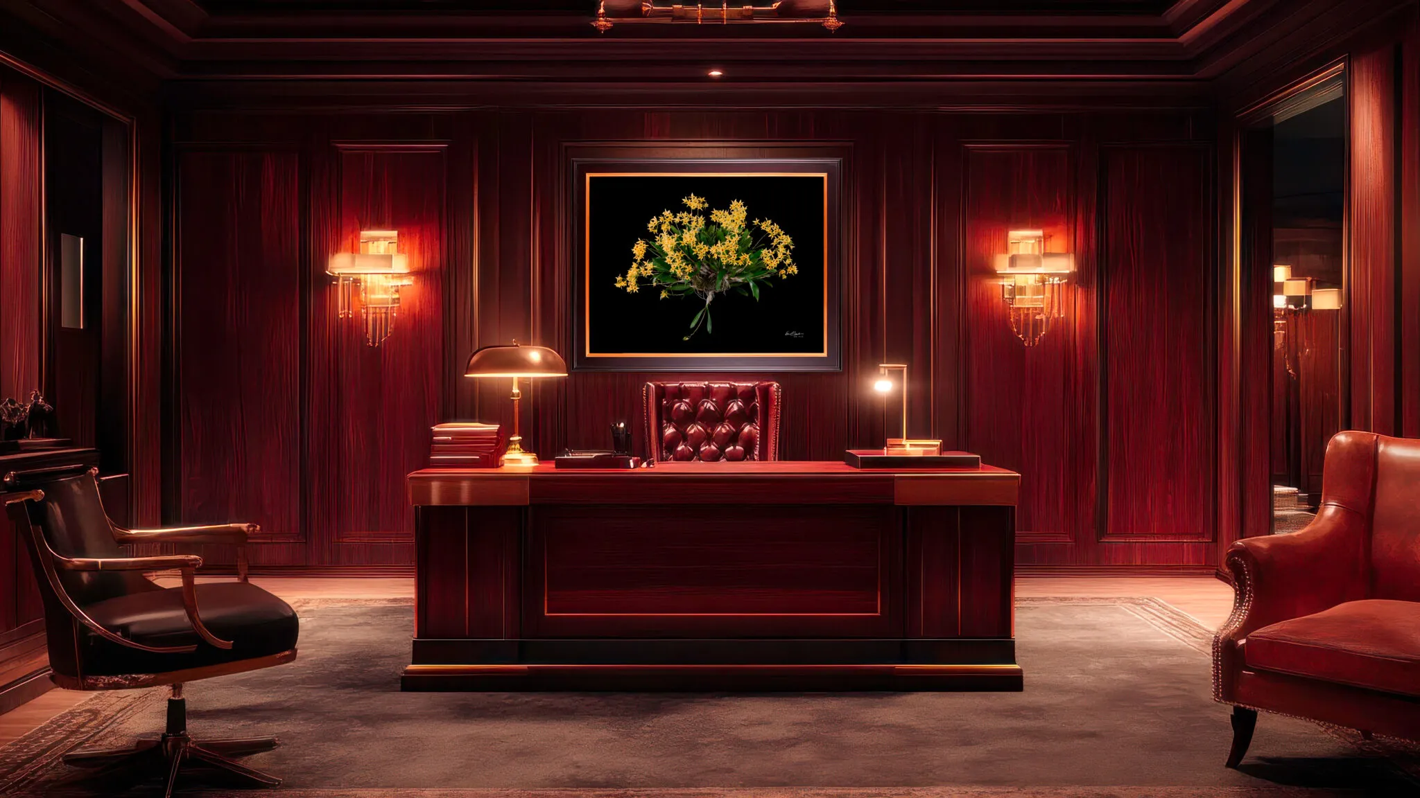 A framed yellow Dendrobium orchid print hung in a traditional executive office with mahogany wood-paneled walls.