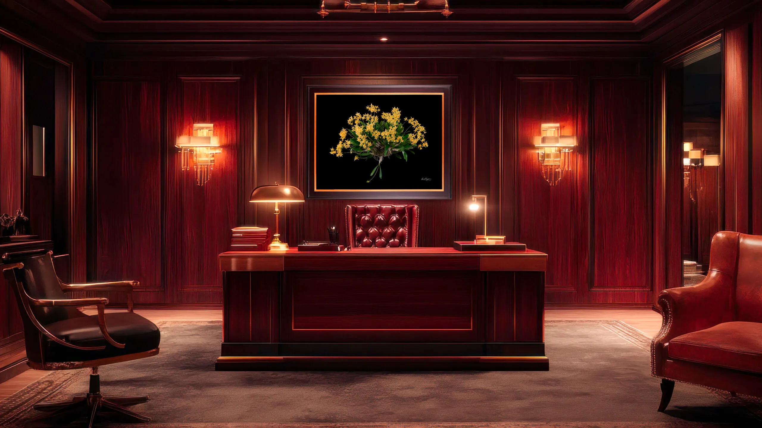 A framed yellow Dendrobium orchid print hung in a traditional executive office with mahogany wood-paneled walls.