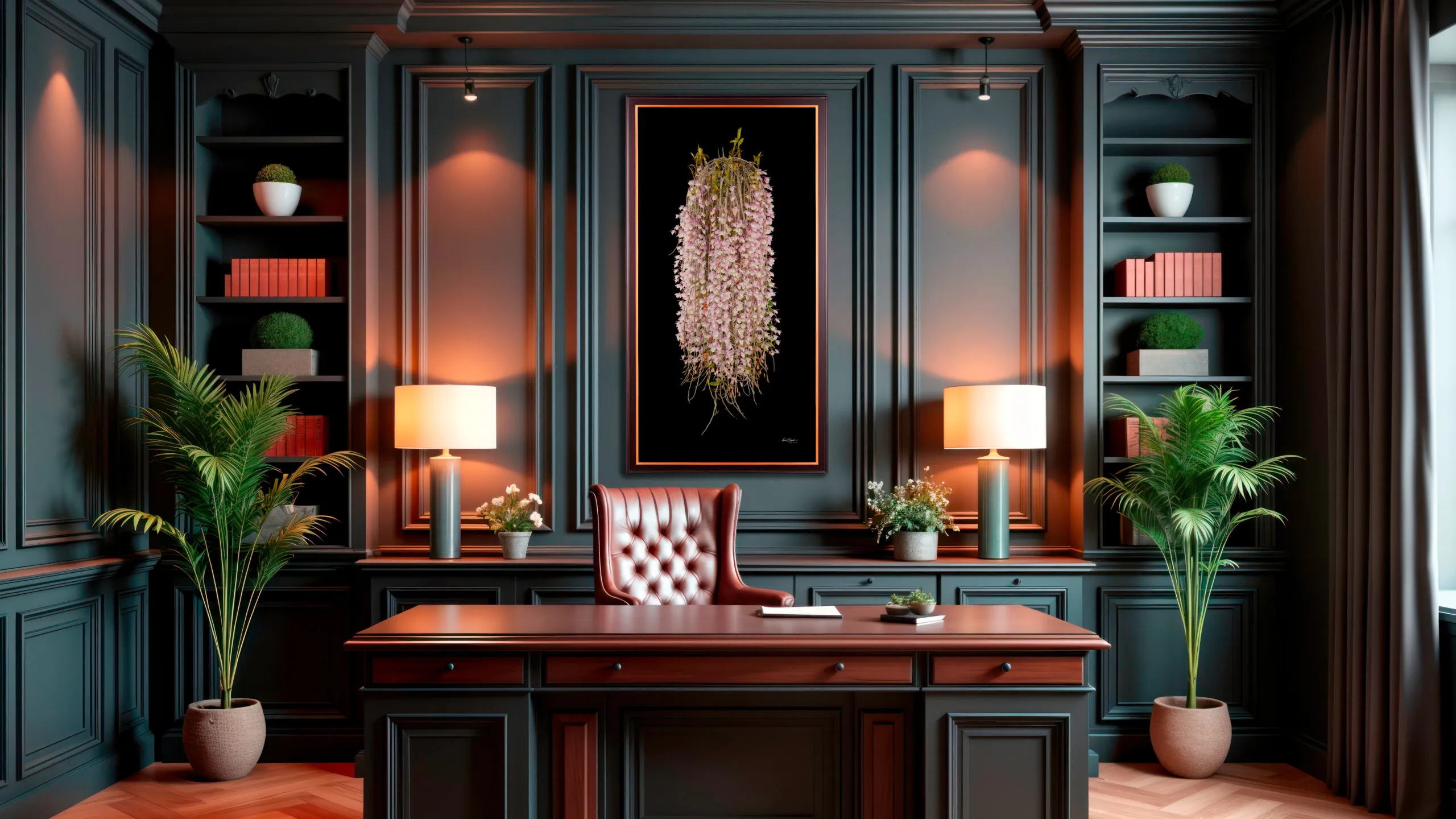 A large framed Dendrobium Aphyllum orchid print hung in a traditional home office with a dark blue wall.