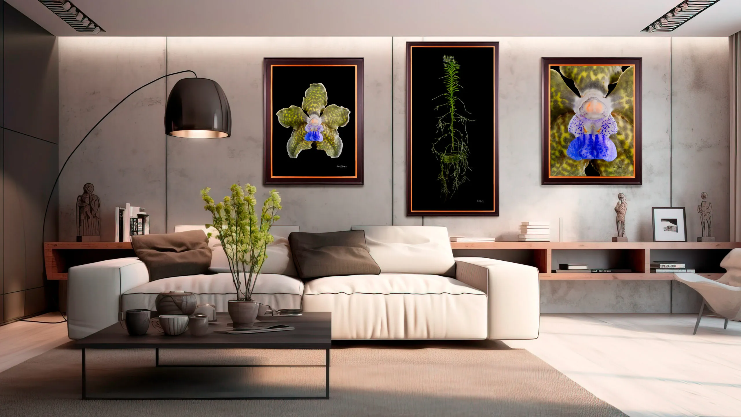A full trio installation of Vanda Tesselada orchid prints hung above a contemporary cream sofa and credenza.