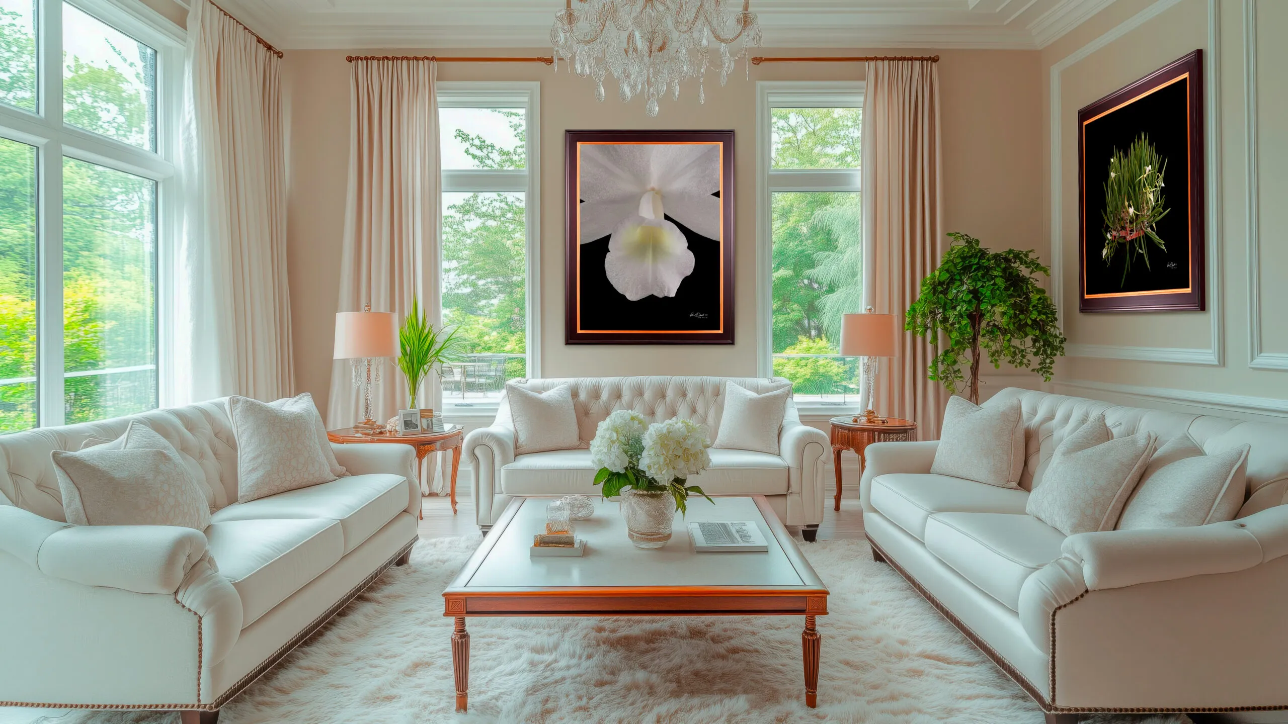 A set of framed white orchid prints hanging in a bright, airy sunroom, creating a biophilic design.