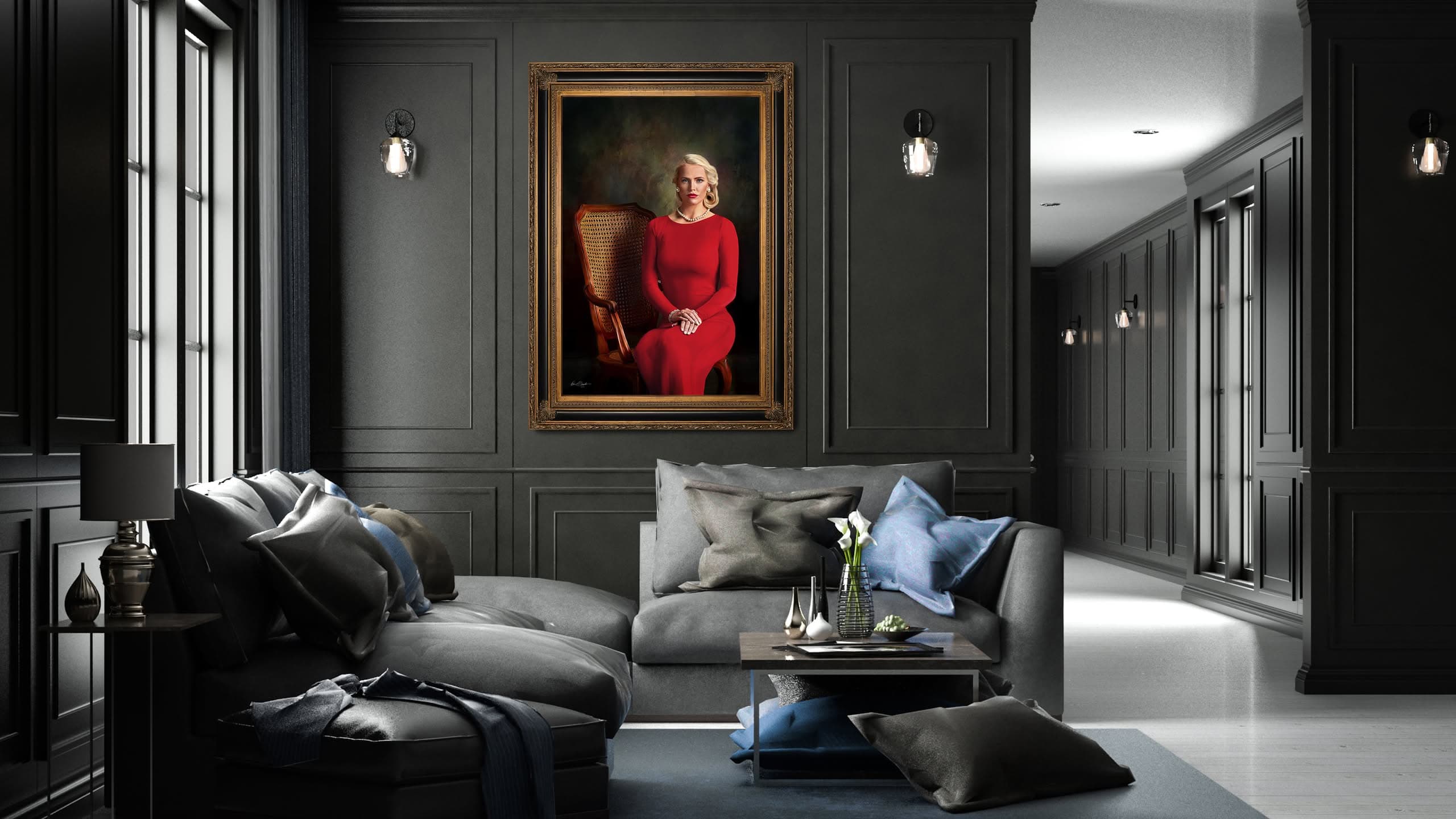 Home A KGS Studios signature portrait in the painterly style of Sargent, featuring a woman in a red dress, displayed as a centerpiece in a sophisticated, dark-paneled room.