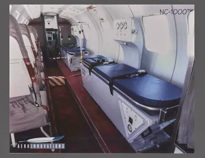 The interior of an aircraft showing air ambulance conversions designed by Kevin G. Saunders.
