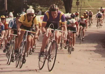 Kevin G. Saunders competing in a bicycle race in Oklahoma, 1985.