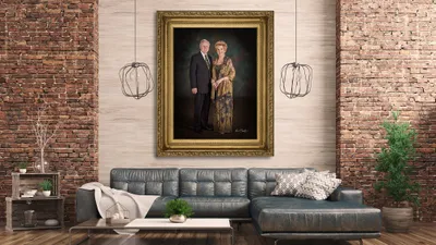 KGS Studios Signature Portrait of a notable South Texas couple, displayed as fine art above a fireplace in a modern luxury living room.
