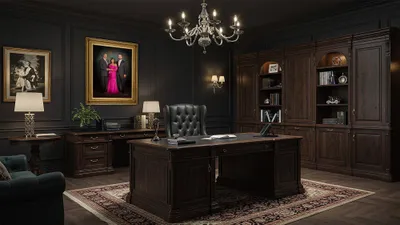 KGS Studios Family Legacy Portrait of parents with their adult son, displayed as fine art in a classic, dark-paneled office.