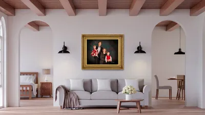 KGS Studios Family Legacy Portrait of a young family with two small children in formal attire, presented as a museum-quality art piece in a rustic modern home