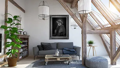 Monochrome KGS Studios portrait of a Texas man in a cowboy hat, hung as fine art in a rustic, sunlit loft with wood beams.