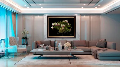 Grand Scale Fine Art Orchid Plant, Hawaiian Wizard, hanging in elegant condo living room.