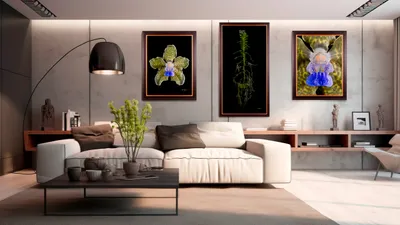 A full trio installation of Vanda Tesselada orchid prints hung above a contemporary cream sofa and credenza.