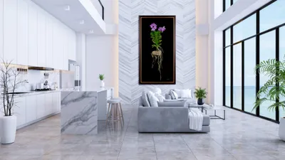 A large, vertical KGS Studios hyperrealistic orchid portrait, displayed as a centerpiece in a modern luxury home with marble features.