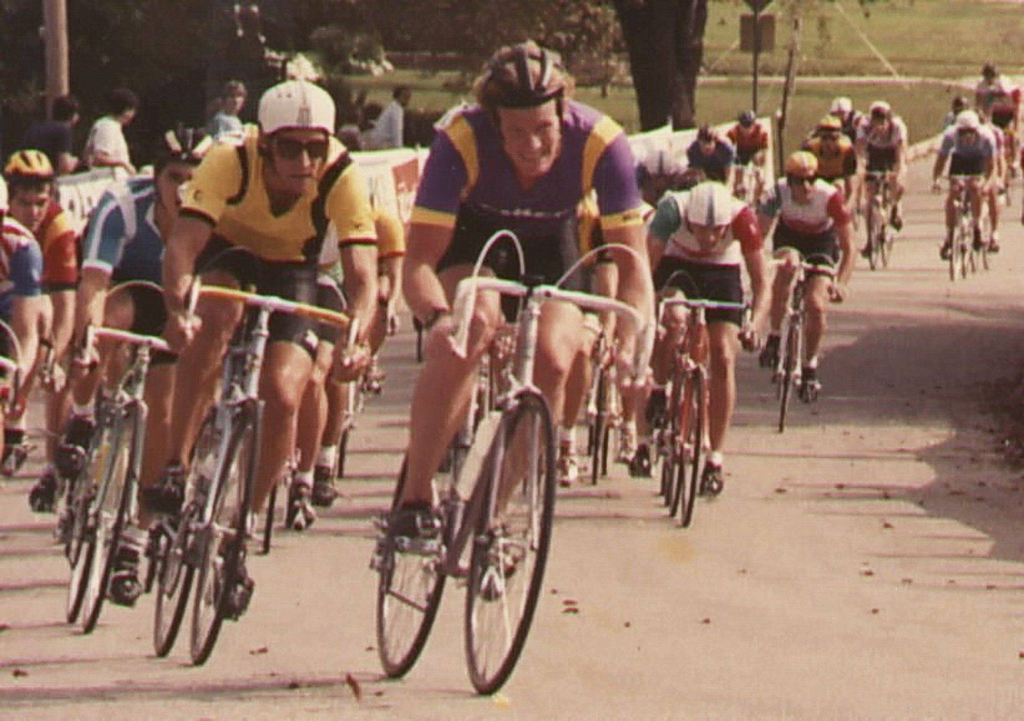 Kevin G. Saunders competing in a bicycle race in Oklahoma, 1985.