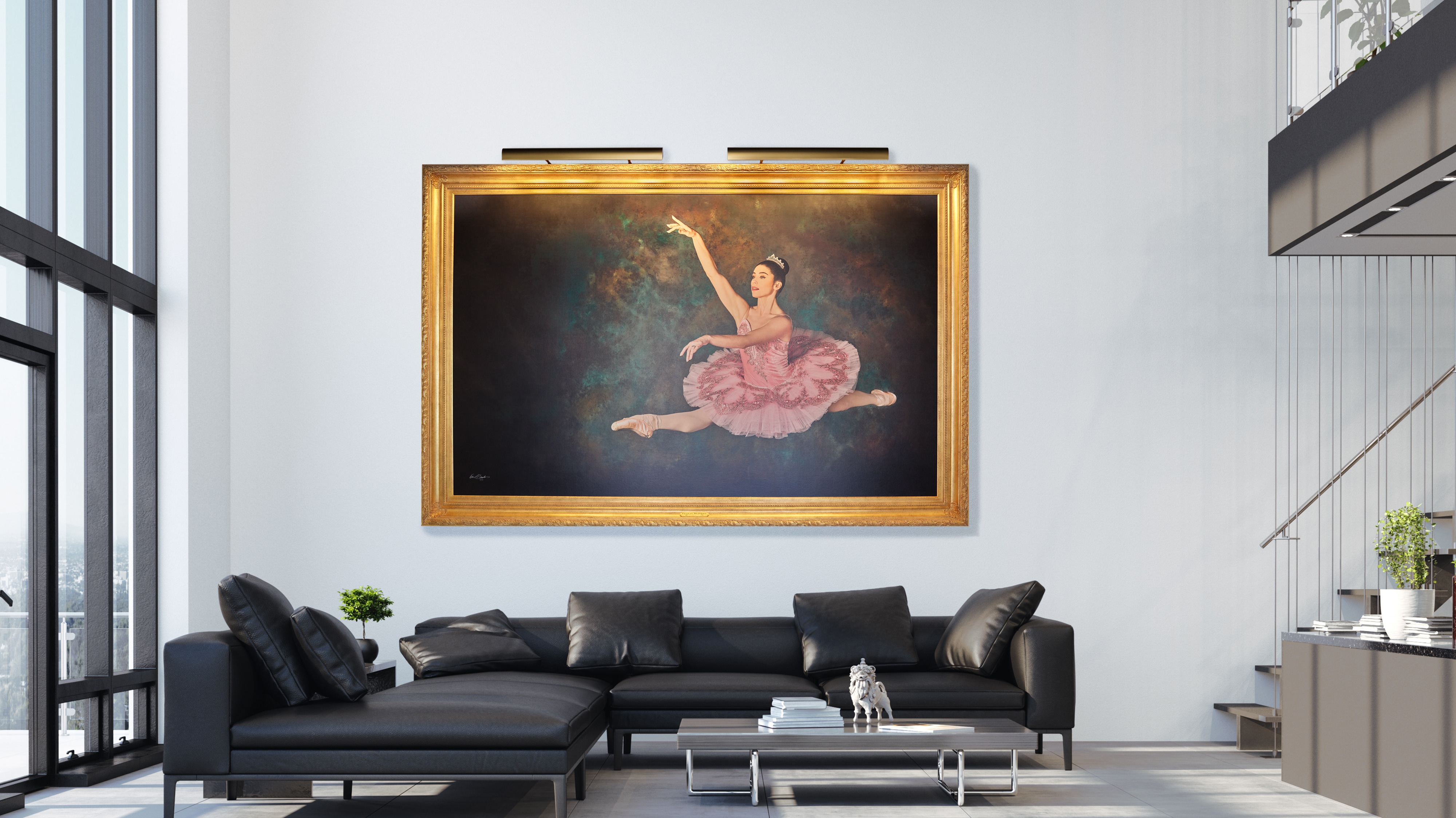 Large-scale KGS Studios portrait of a ballerina in mid-air, displayed as fine art in a minimalist, contemporary living room with high ceilings.