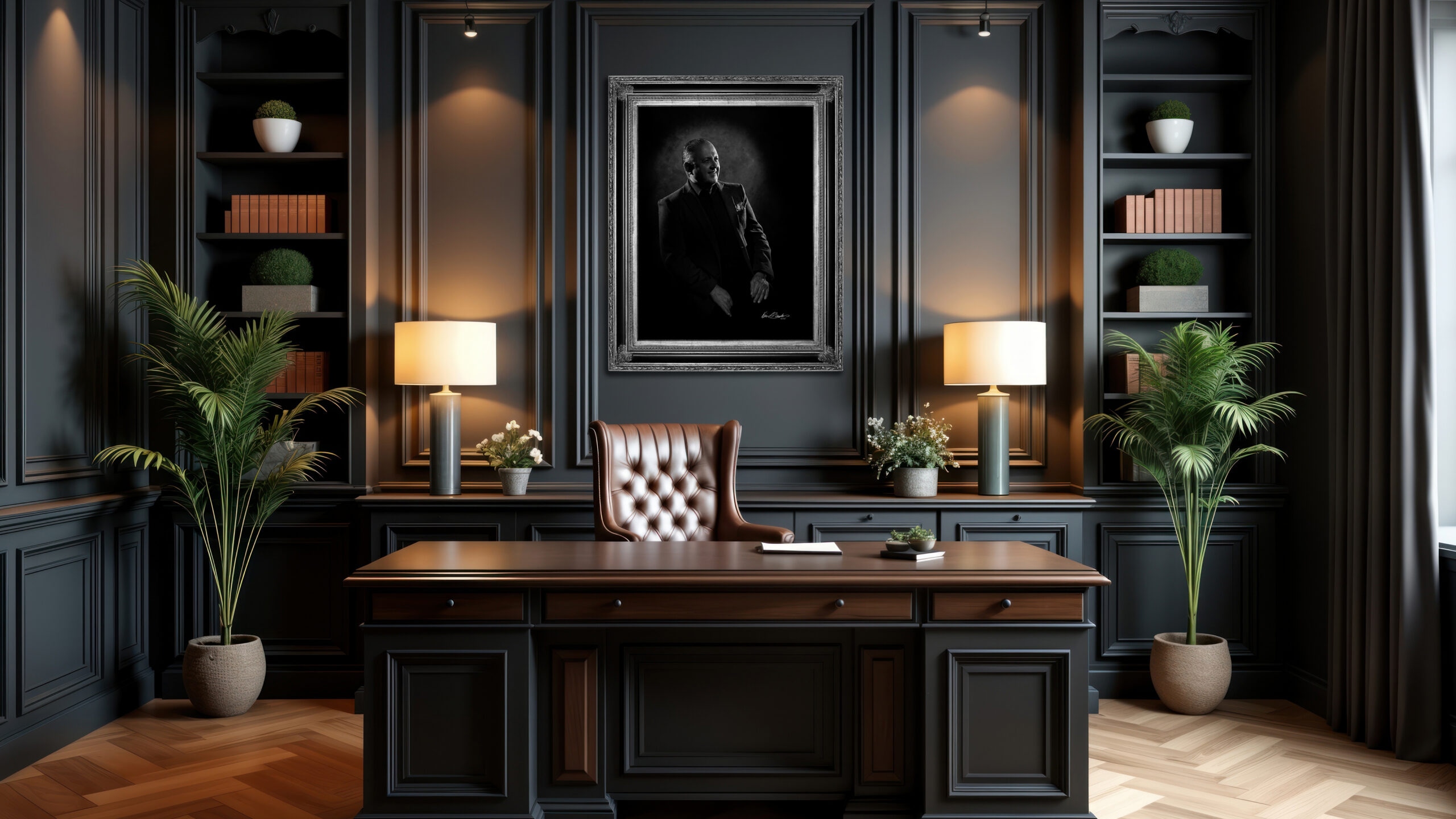 KGS Studios monochrome portrait of a business founder, displayed as fine art in a classic and elegant home office with dark wood paneling.