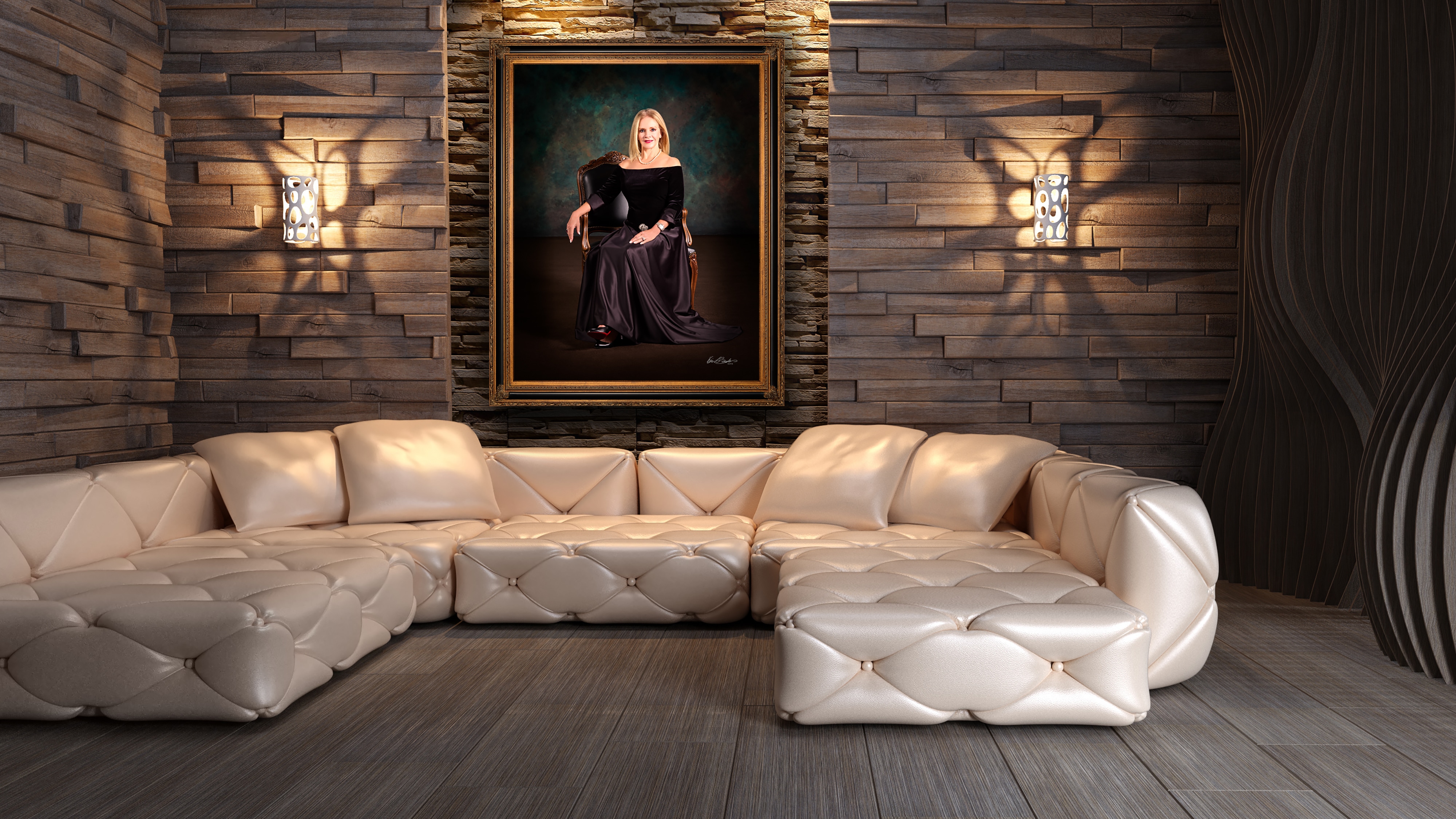 KGS Studios Red Carpet portrait of an elegant woman seated in a formal gown, hung as fine art in a modern room with textured stone walls.
