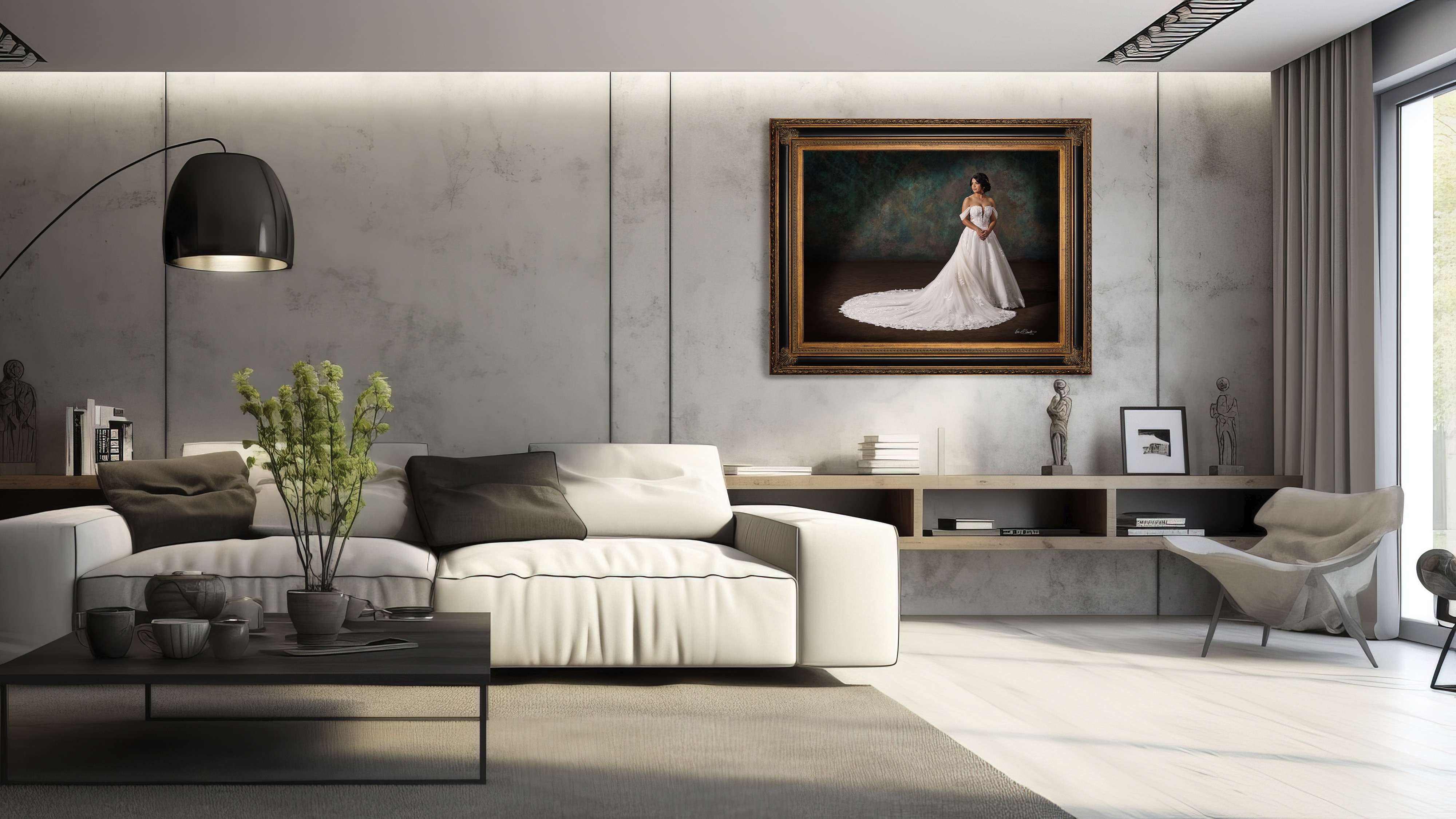 KGS Studios Red Carpet bridal portrait of a bride in a white wedding gown, displayed as fine art in a luxurious interior setting.