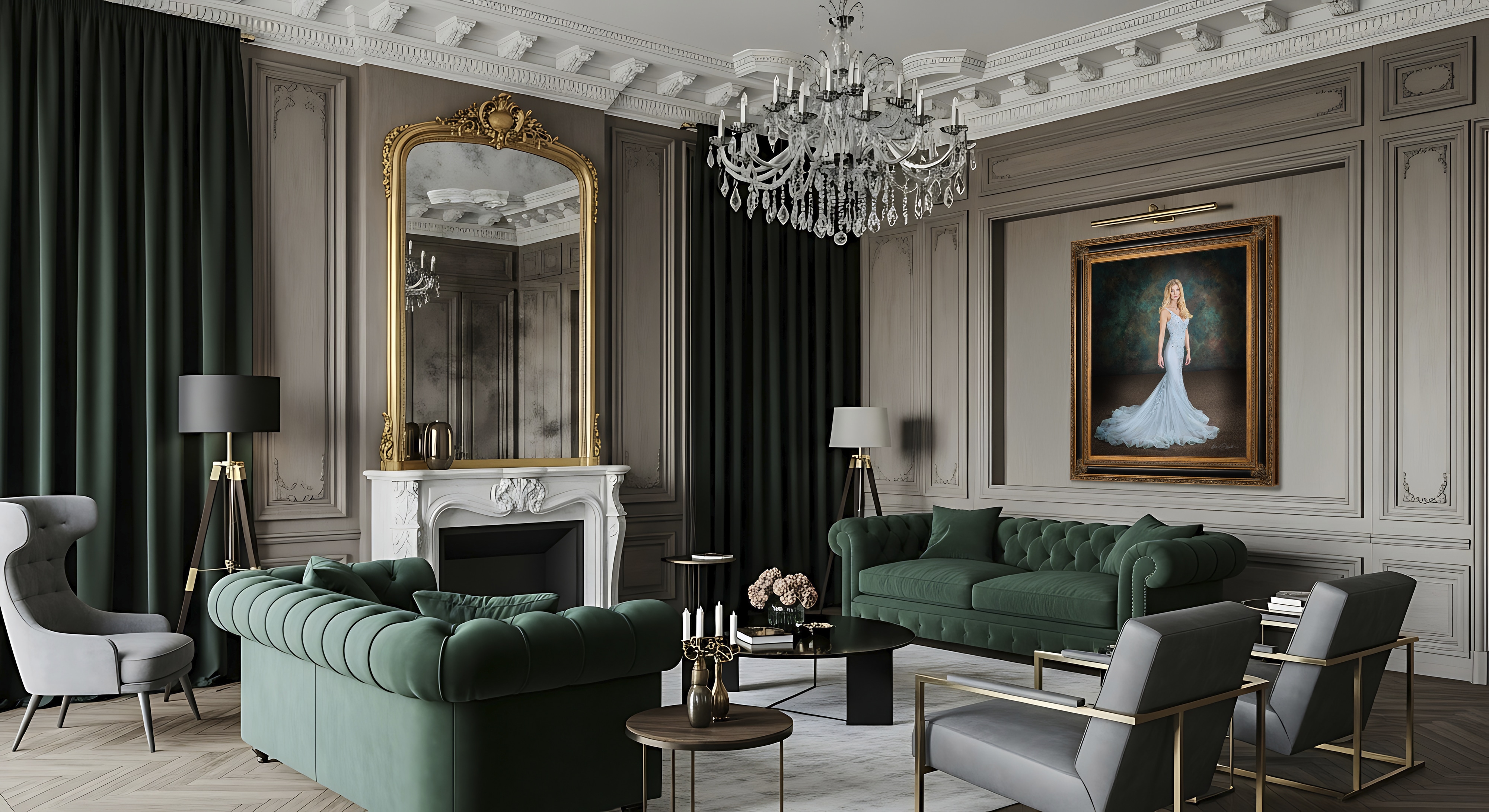 KGS Studios Red Carpet portrait of a woman in a light blue gown, featured as fine art in an elegant, modern-classical living room.