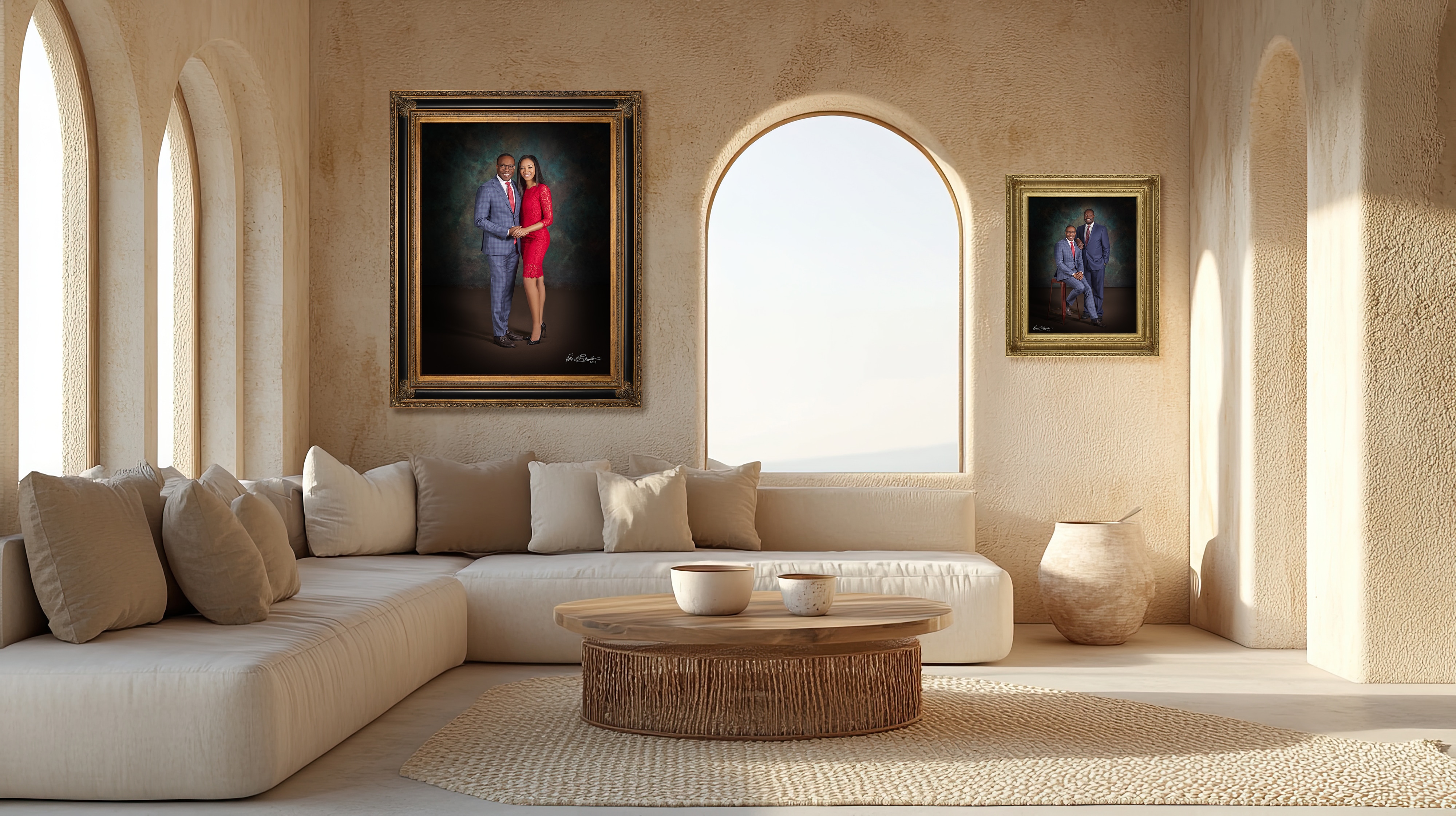 A collection of KGS Studios signature portraits, featuring a couple and two brothers, displayed as fine art in a modern, elegant living room.