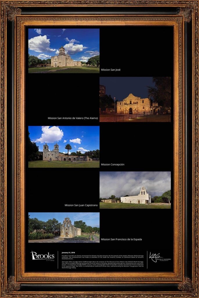 Framed 40x66 commemorative art piece for the KGS Studios San Antonio Missions World Heritage Collection, showing all five mission images.